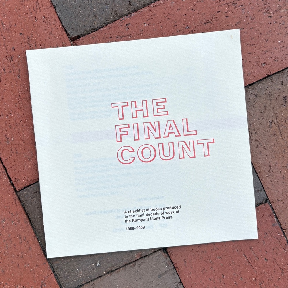 Rampant Lions Press 2008 The Final Count Book Catalogue Literary Works Publisher